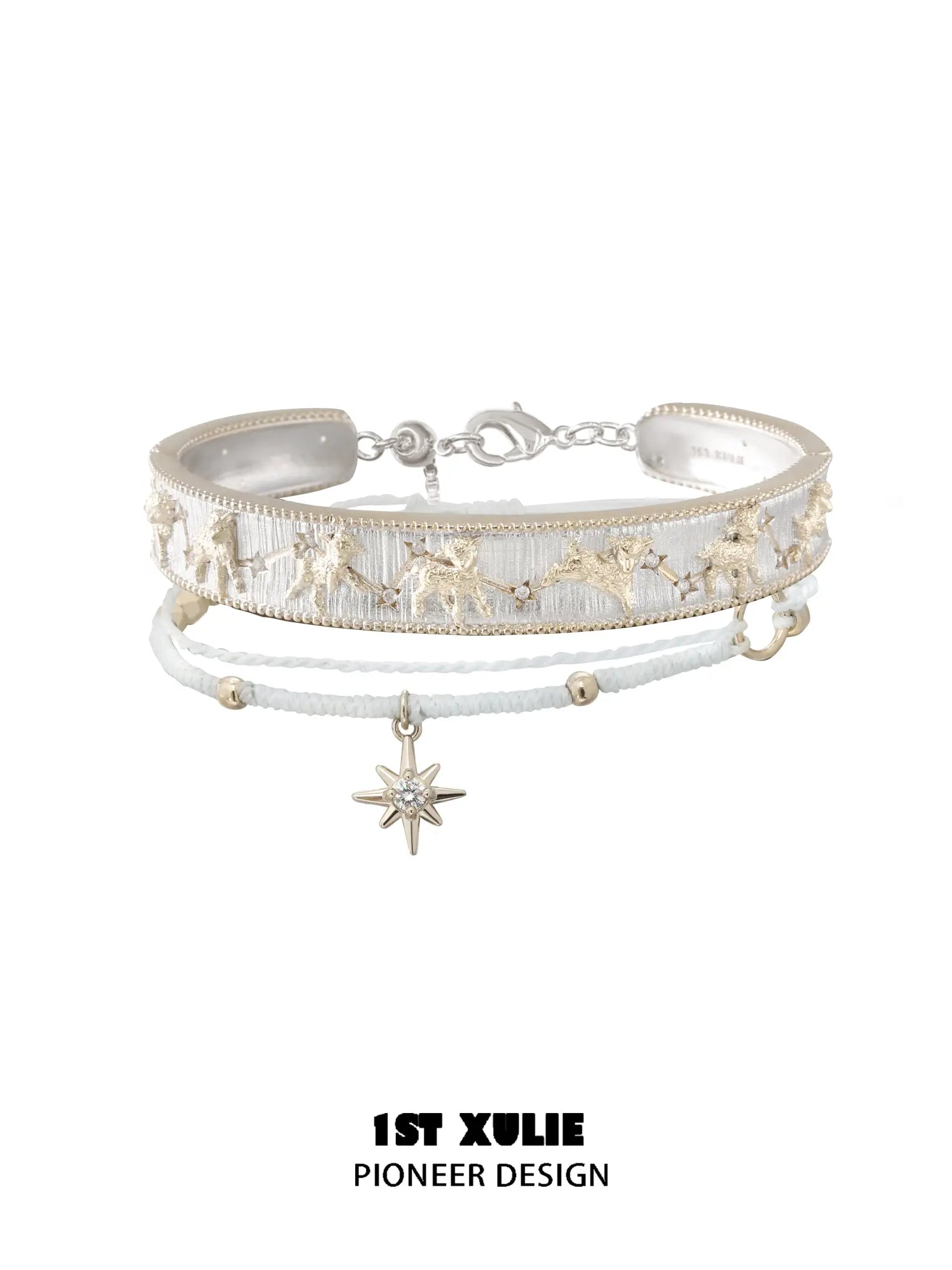 Celestial patterned bangle with a white cord star bracelet