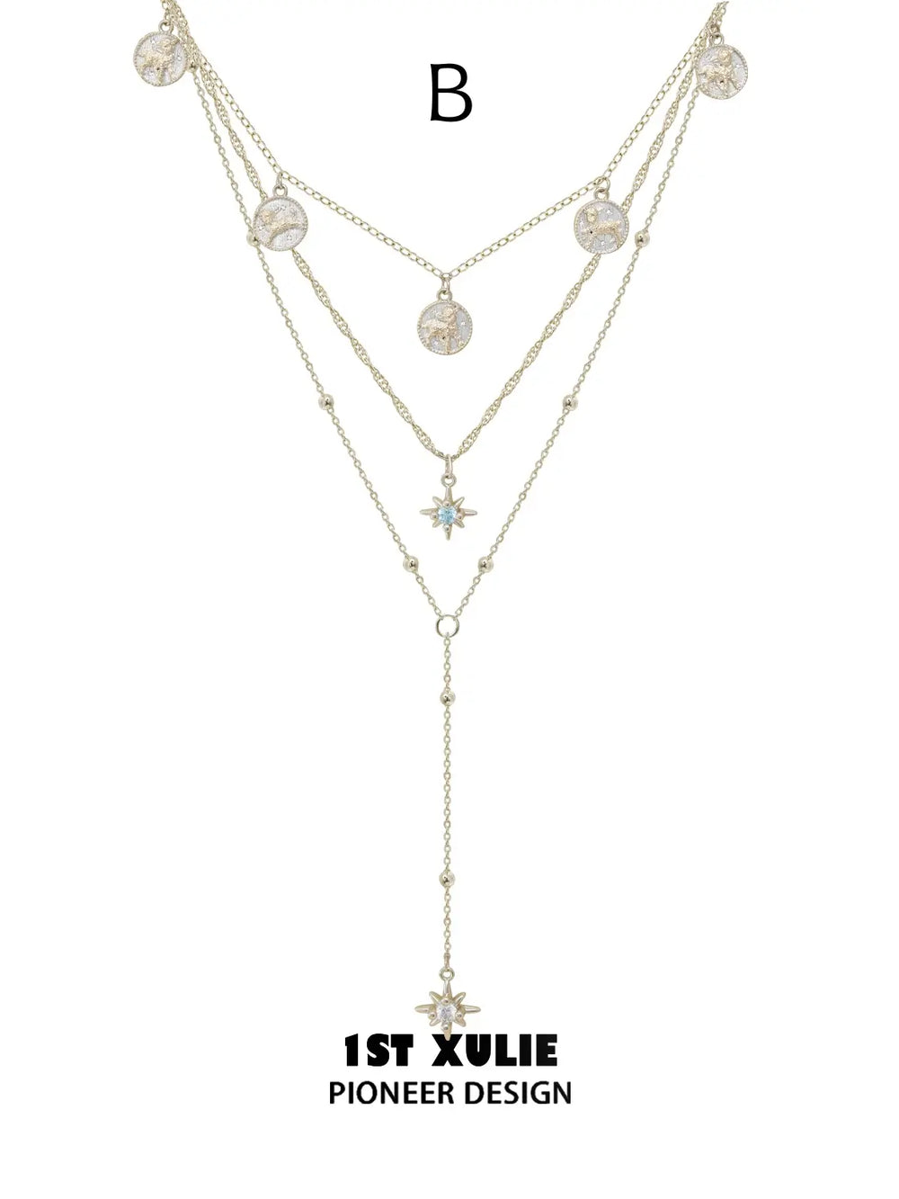 Style B layered pendant necklace with fine chains and celestial drops