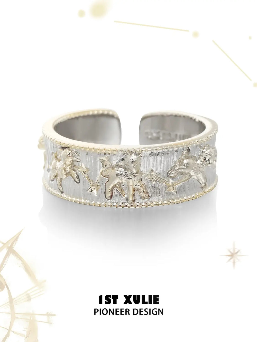 Celestial medallion and patterned band rings showing the ornamental details and overall silhouette