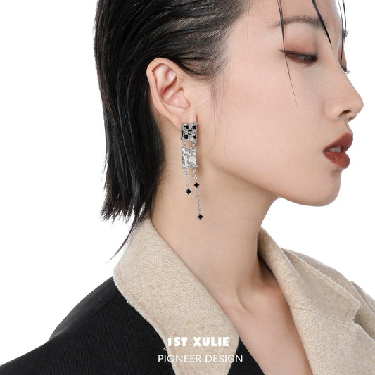 Checkerboard 18k Platinum Plated S925 Asymmetrical Tassel Earrings™ - 1ST XULIE