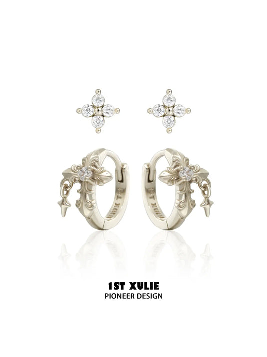 Gold-toned fleur-de-lis hoop and stud earring set