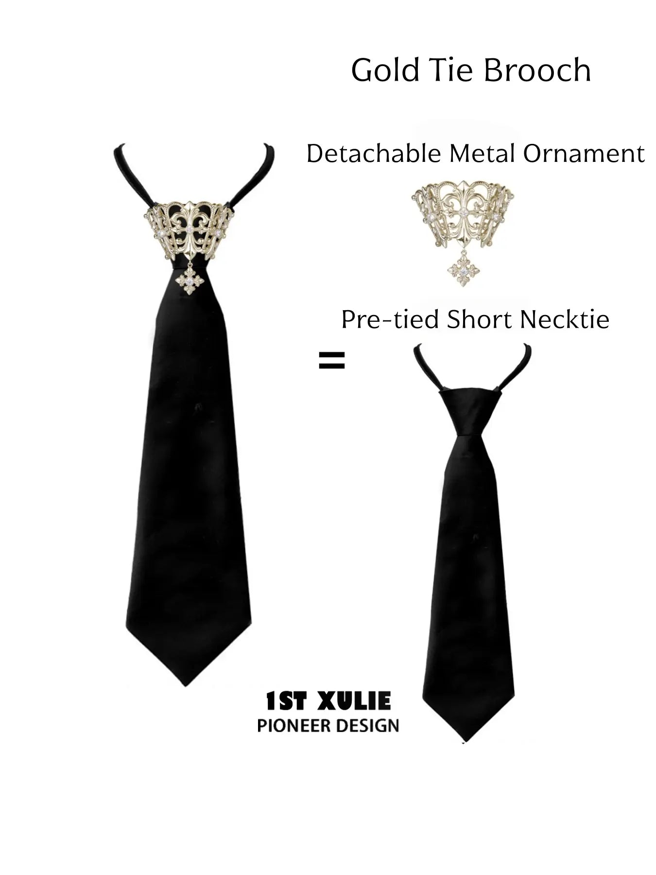 Gold tie brooch with a black pre-tied short necktie