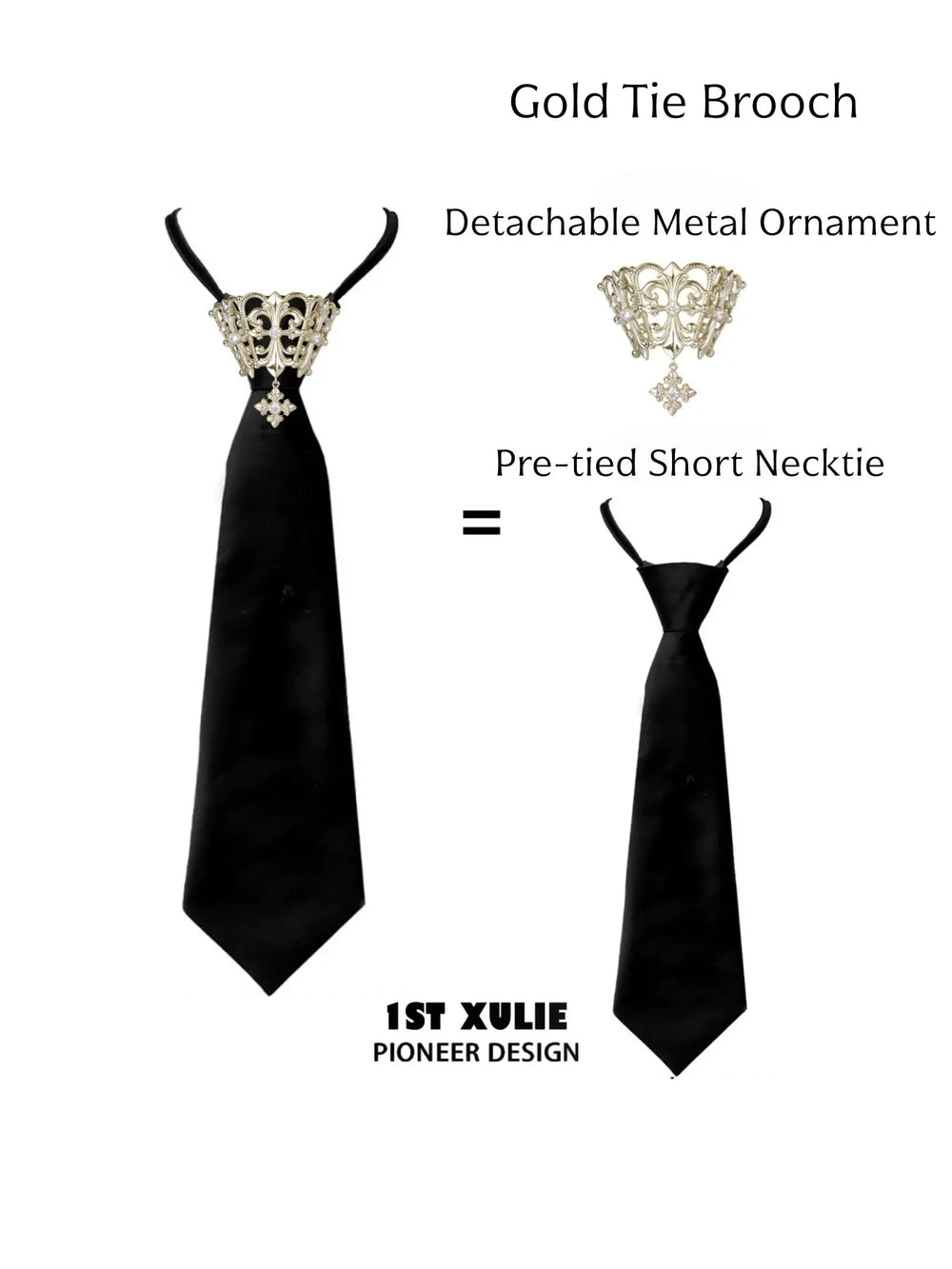 Gold tie brooch with a black pre-tied short necktie