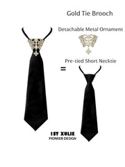 Gold tie brooch with a black pre-tied short necktie