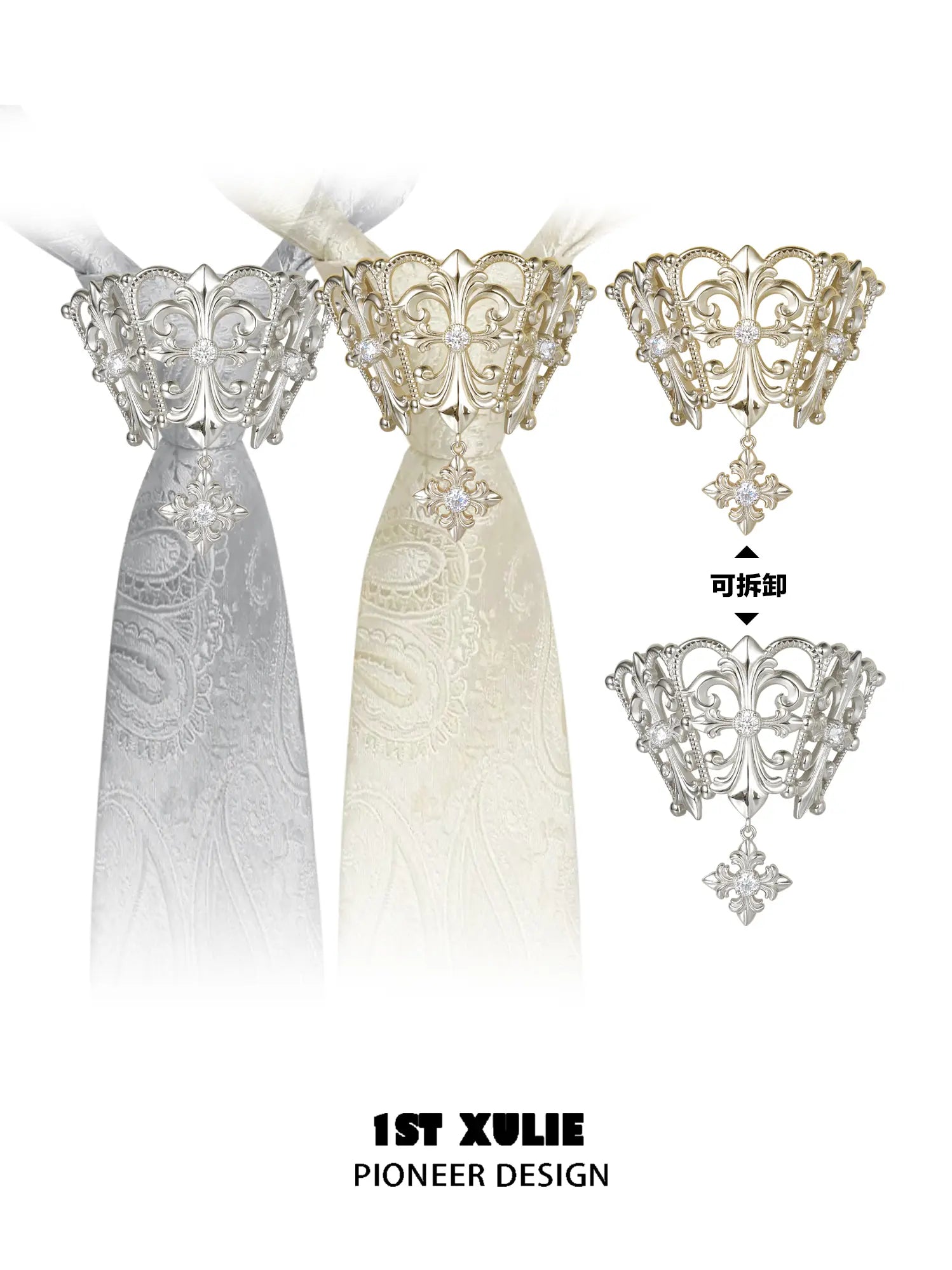 Gold-toned and silver-toned tie brooches shown with patterned neckties