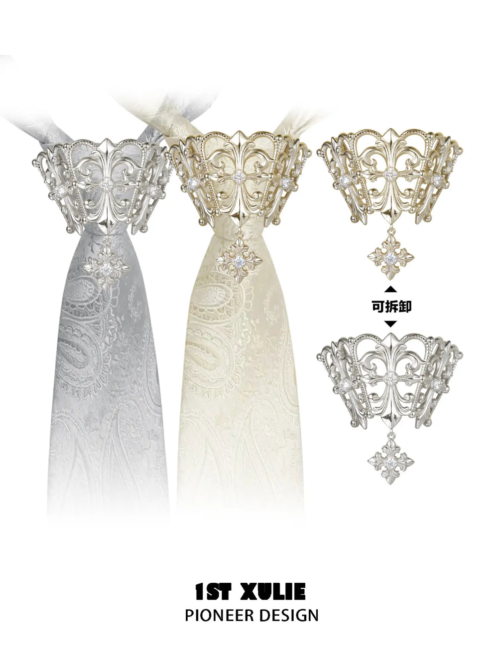 Gold-toned and silver-toned tie brooches shown with patterned neckties