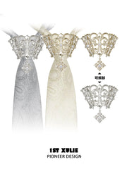 Gold-toned and silver-toned tie brooches shown with patterned neckties