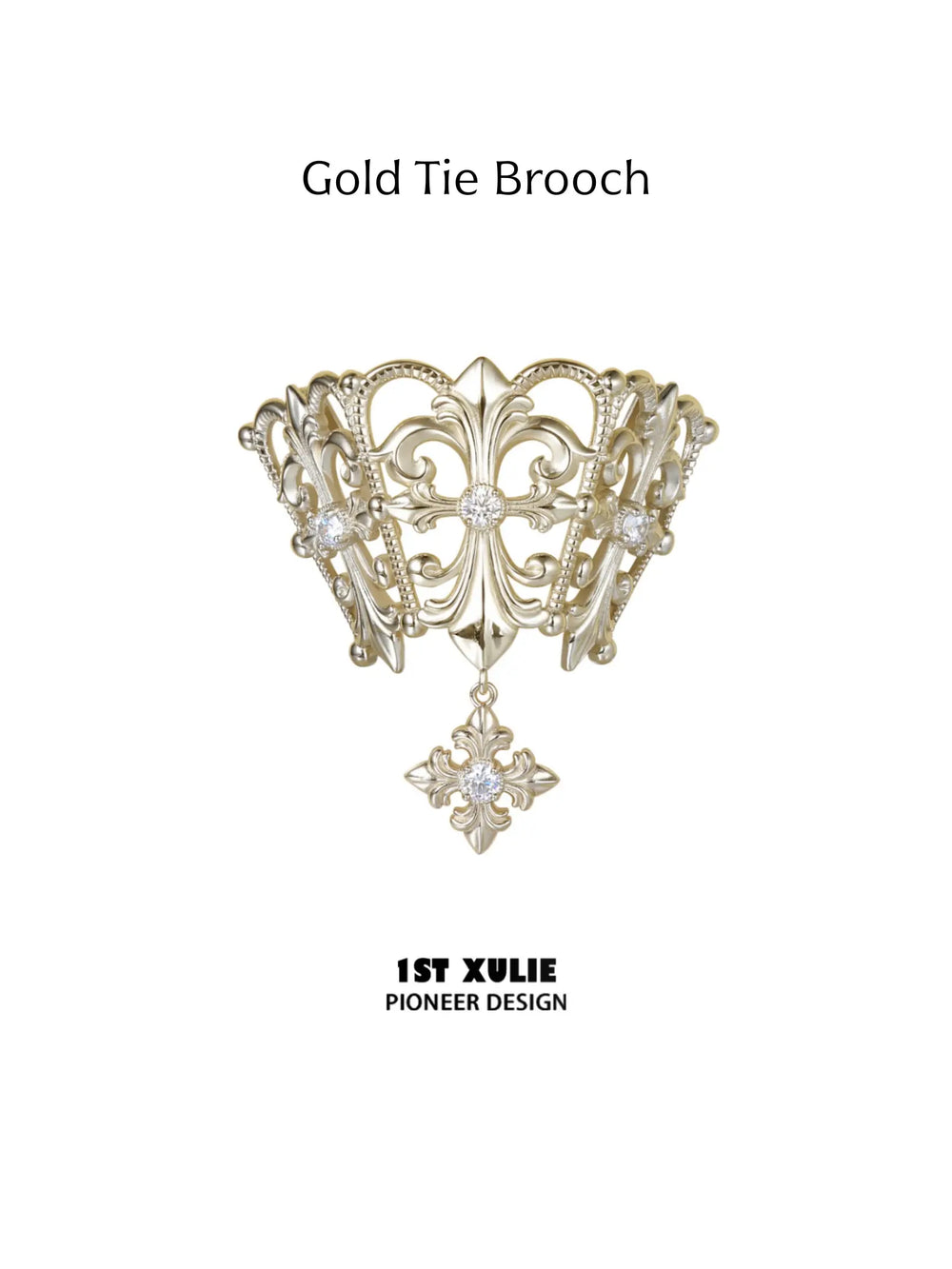 Gold-toned openwork tie brooch with a small clear-stone drop