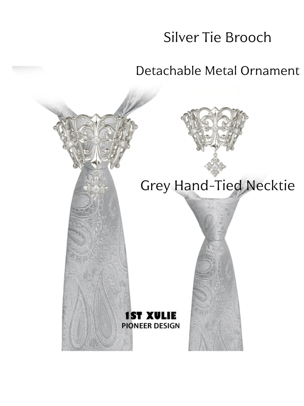 Silver tie brooch and grey hand-tied necktie combination