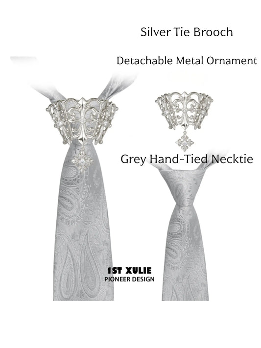 Silver tie brooch and grey hand-tied necktie combination
