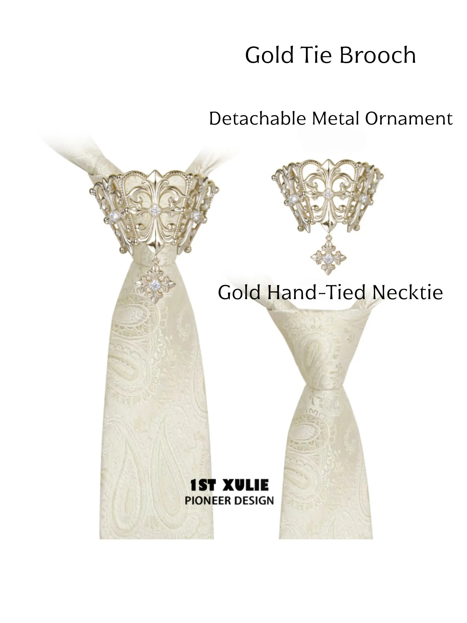 Gold tie brooch and gold-toned hand-tied necktie combination