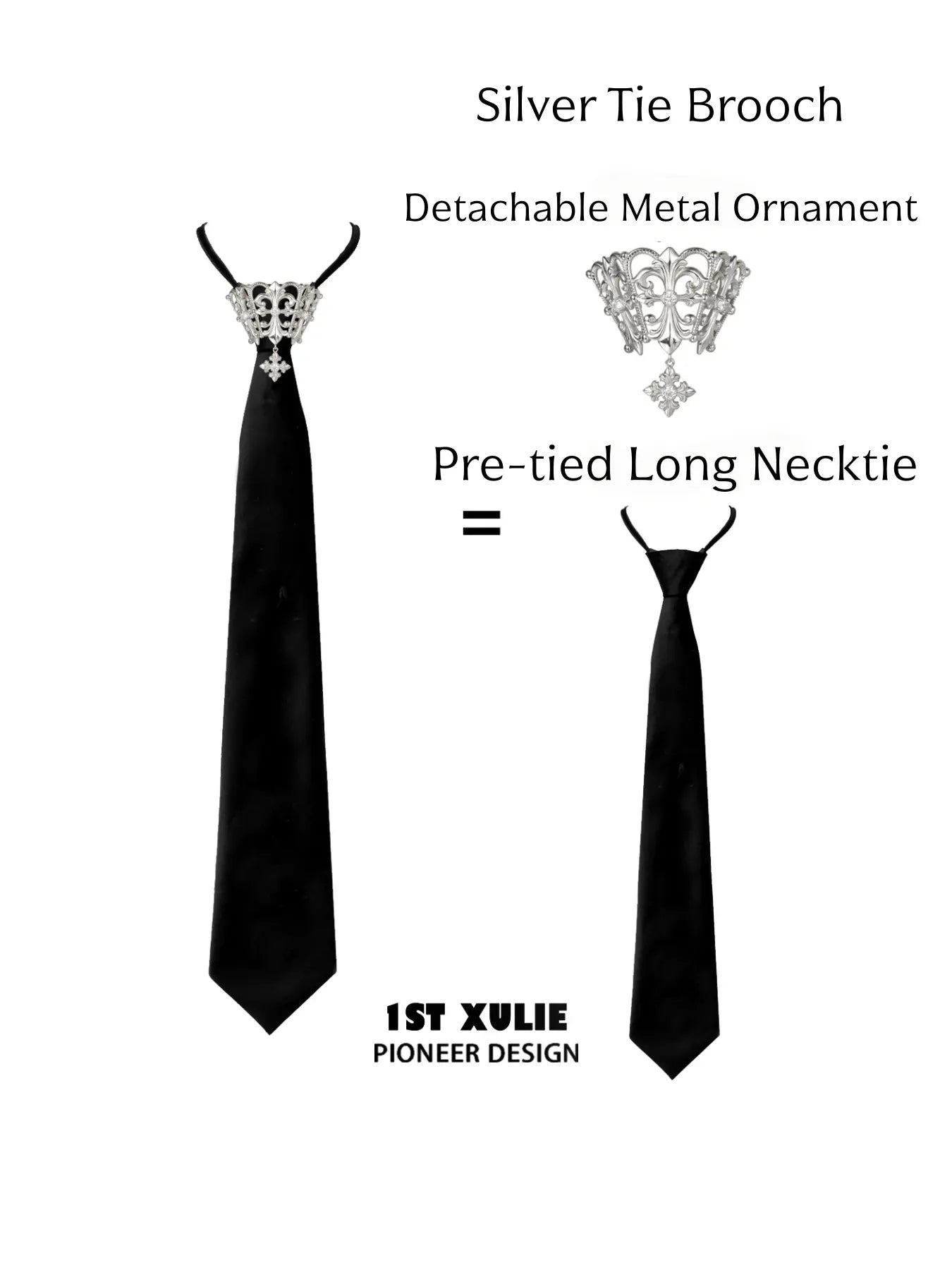 Silver tie brooch with a black pre-tied long necktie