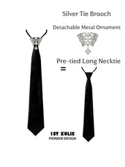 Silver tie brooch with a black pre-tied long necktie