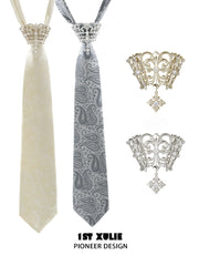 Gold-toned and silver-toned fleur-de-lis tie brooches with coordinating patterned neckties