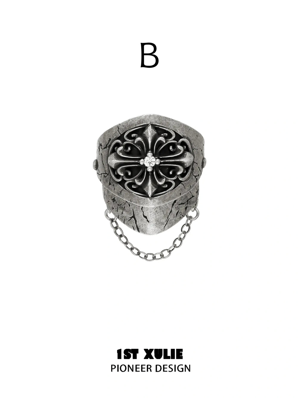 Style B short shield signet ring with draped chain