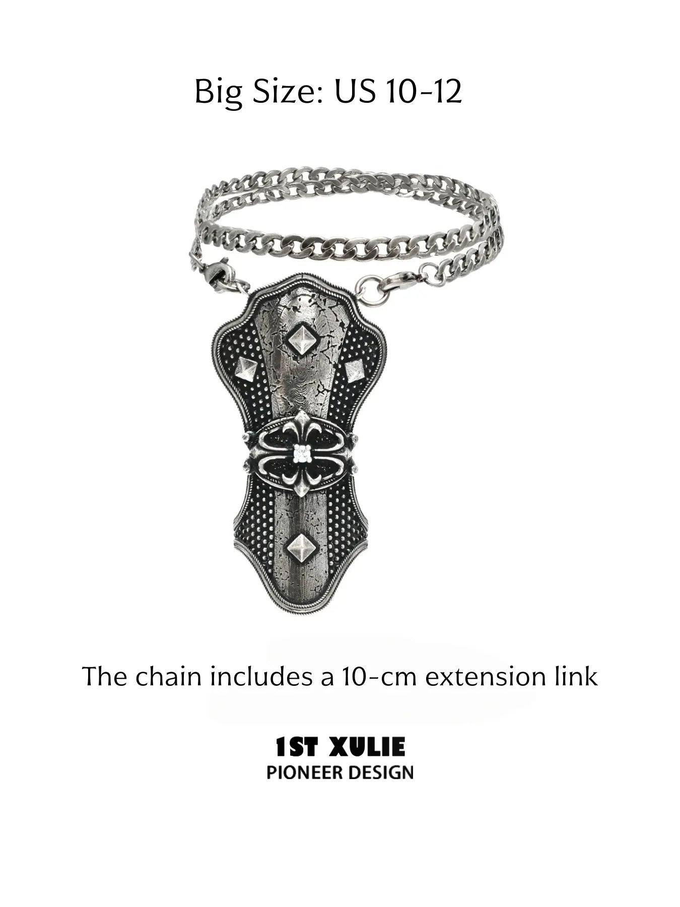 Big thumb armor ring labeled US 10-12 with a 10 cm chain extension