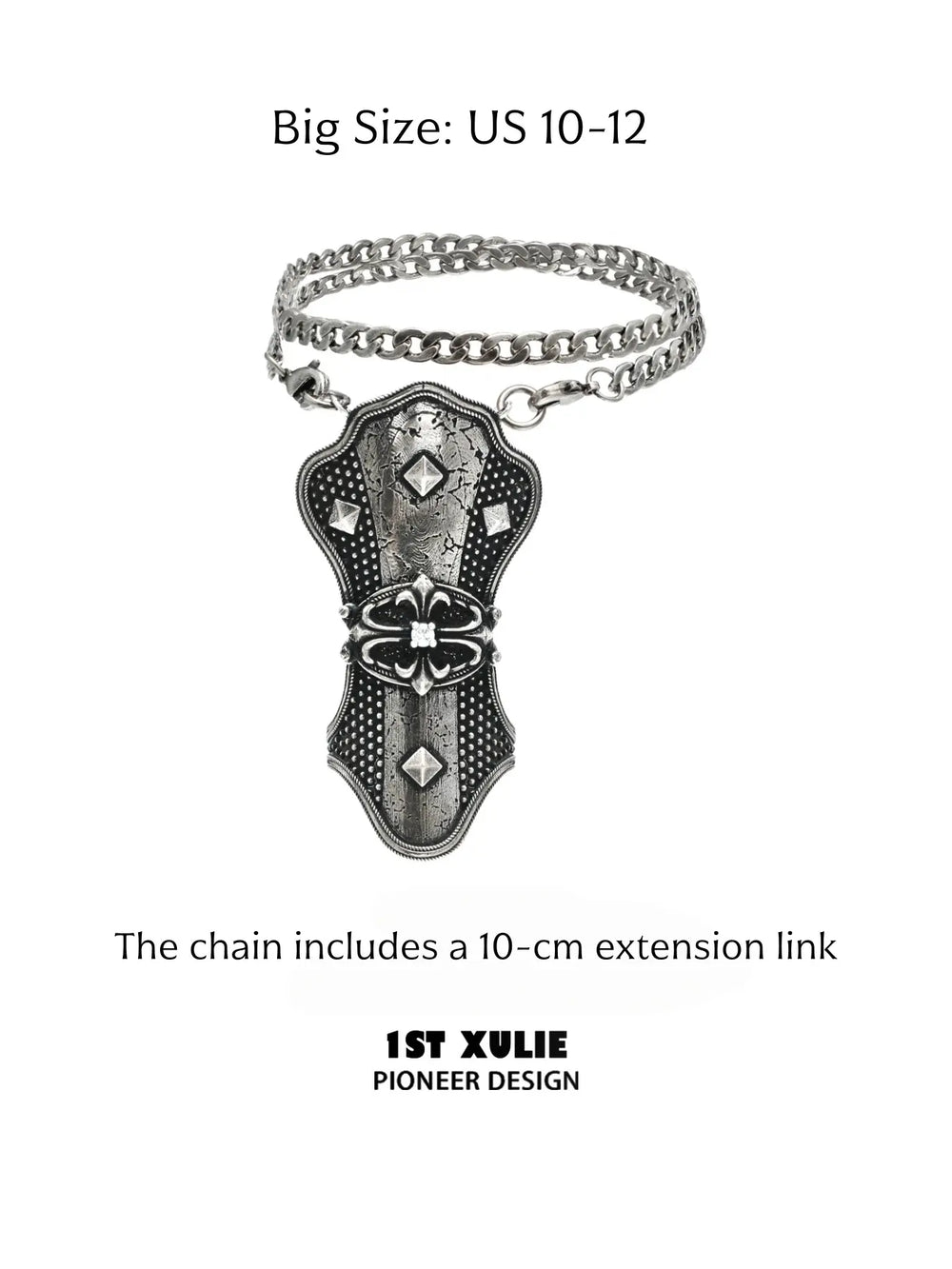 Big thumb armor ring labeled US 10-12 with a 10 cm chain extension