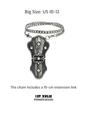 Big thumb armor ring labeled US 10-12 with a 10 cm chain extension