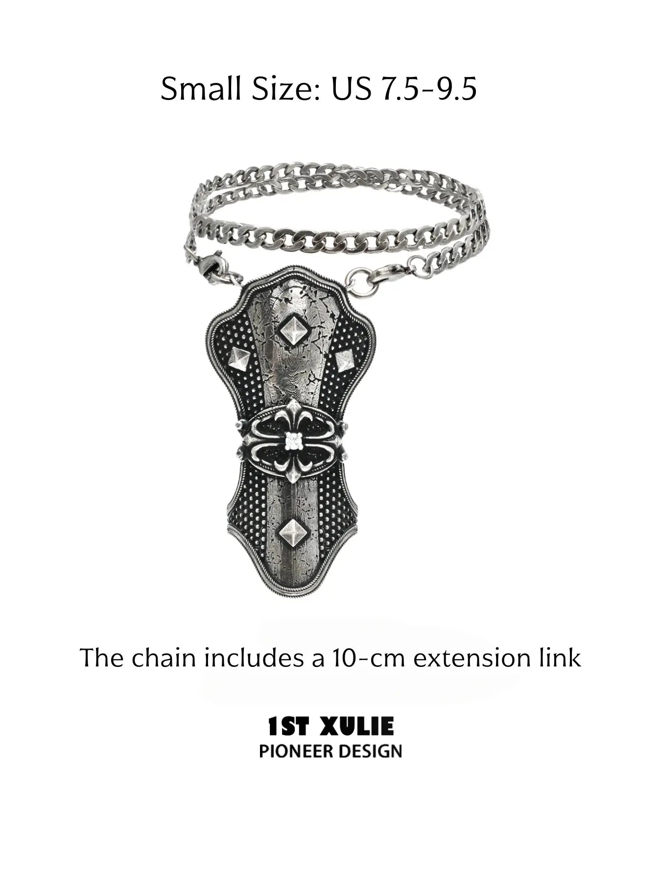 Small thumb armor ring labeled US 7.5-9.5 with a 10 cm chain extension