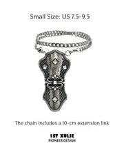 Small thumb armor ring labeled US 7.5-9.5 with a 10 cm chain extension