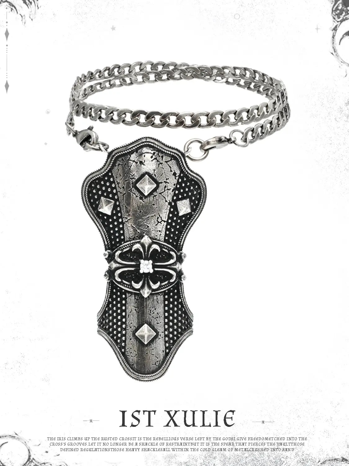 Gothic thumb ring displayed against a decorative border