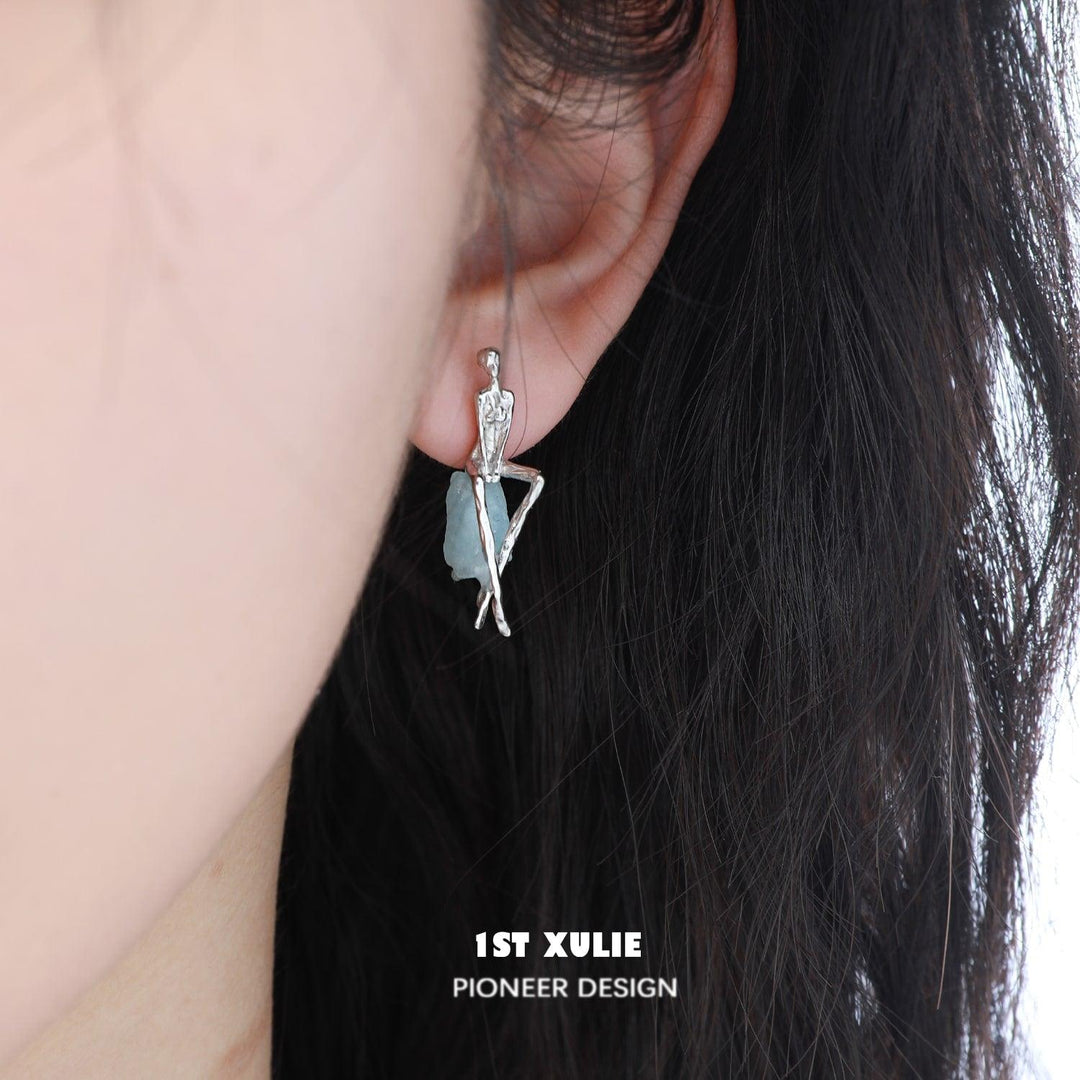 Melting Face S925 Aquamarine Human Stud Earrings™ - 1ST XULIE