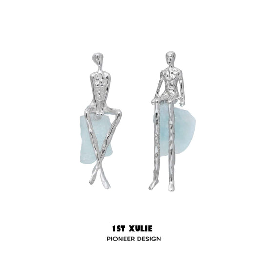 Melting Face S925 Aquamarine Human Stud Earrings™ - 1ST XULIE