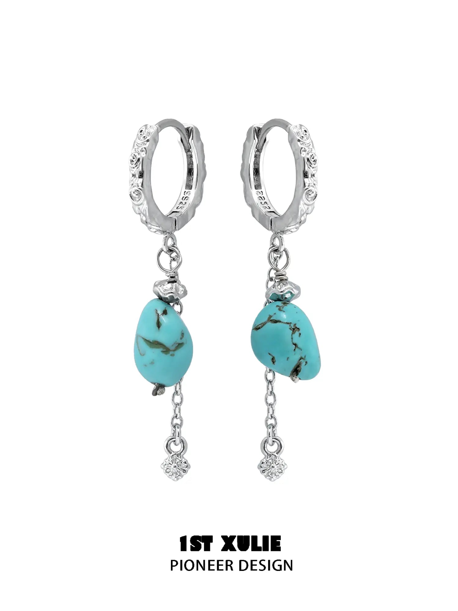 Pair of silver-toned hoop earrings with irregular turquoise drops and fine chain details