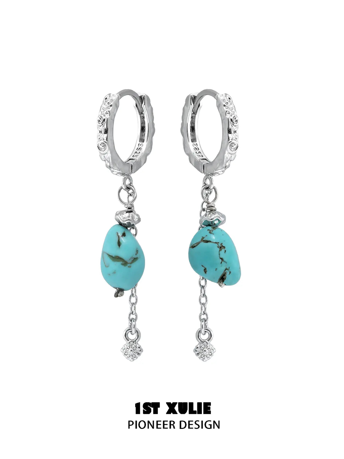 Pair of silver-toned hoop earrings with irregular turquoise drops and fine chain details