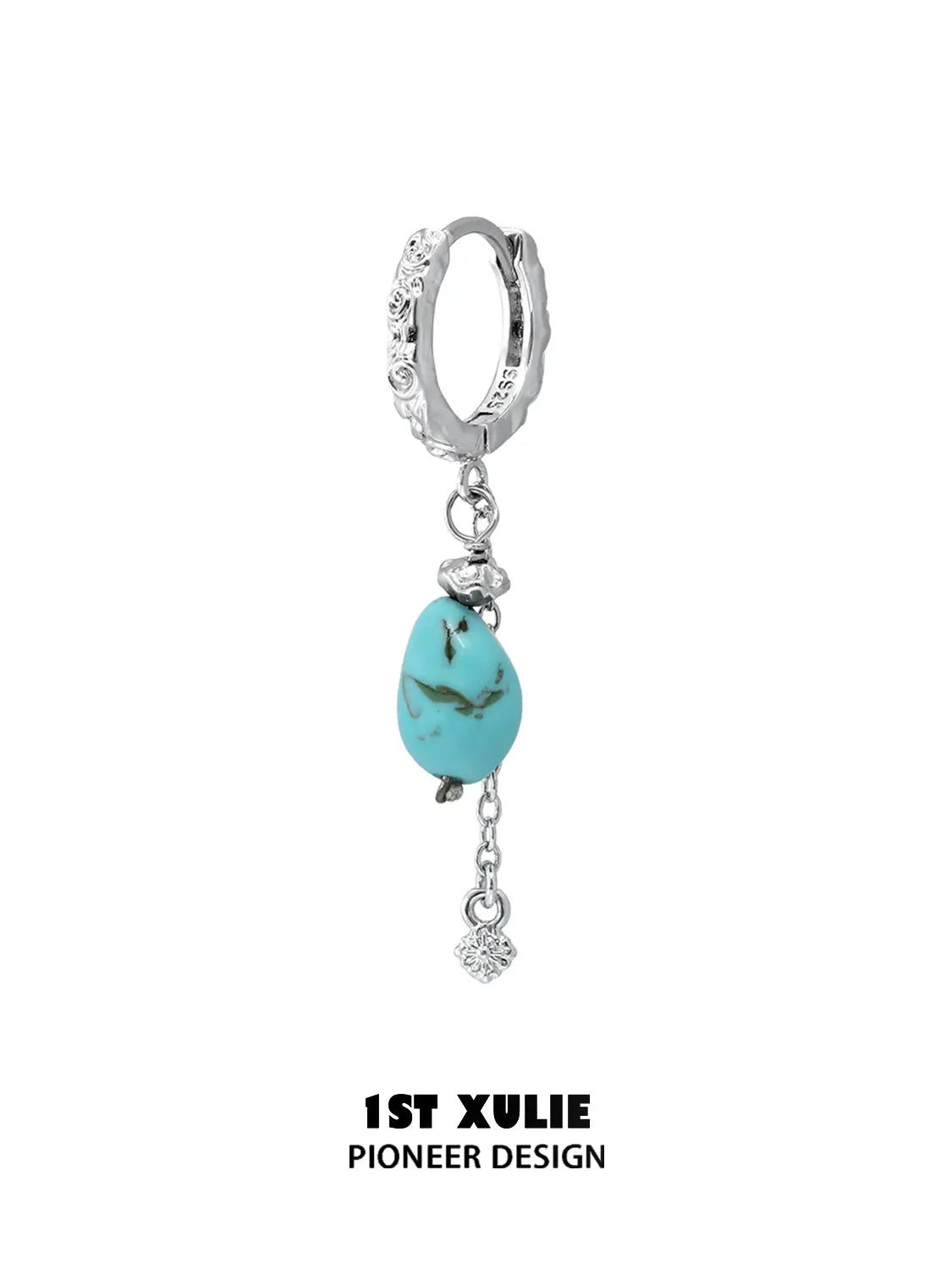 Single turquoise drop hoop earring on a white background