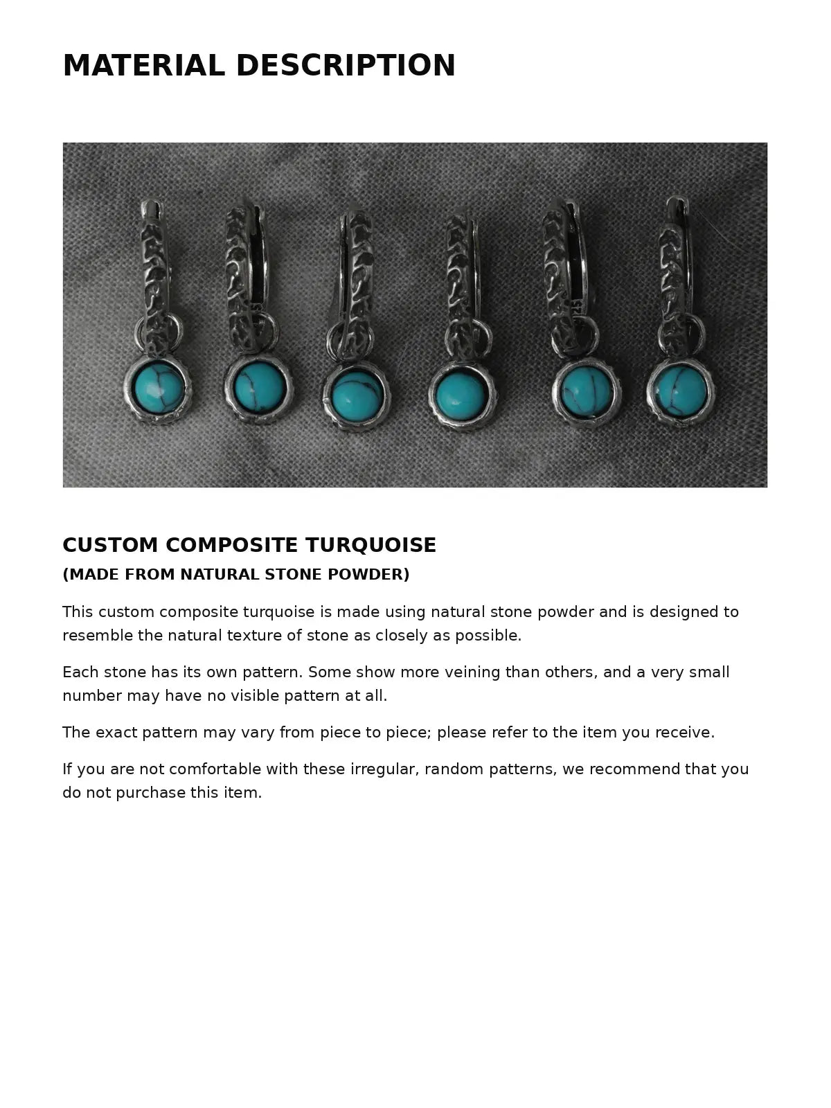 Composite turquoise material guide with round stone earring examples