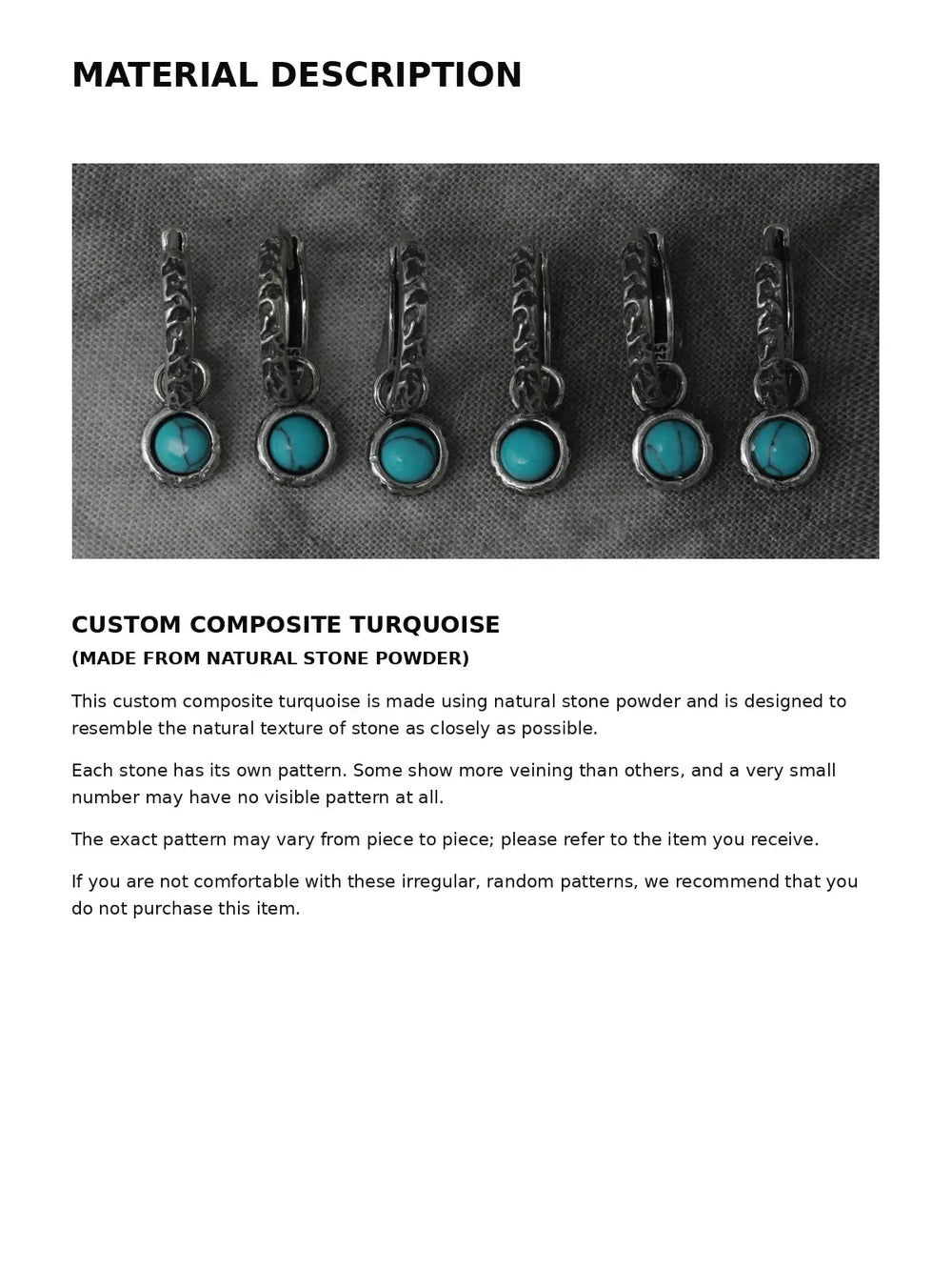 Composite turquoise material guide with round stone earring examples