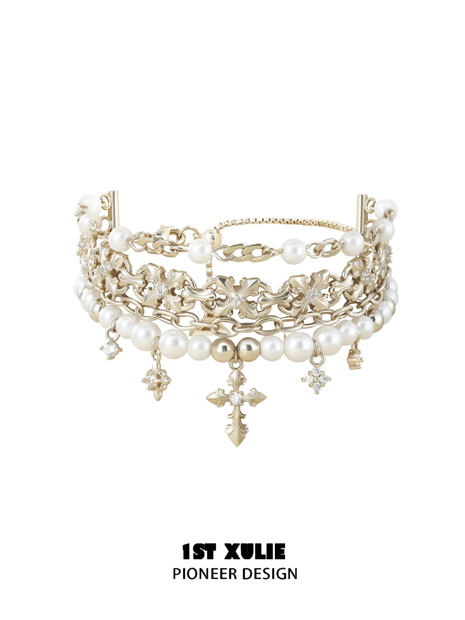 Layered gold-toned bracelet with white pearl beads and hanging fleur-de-lis charms