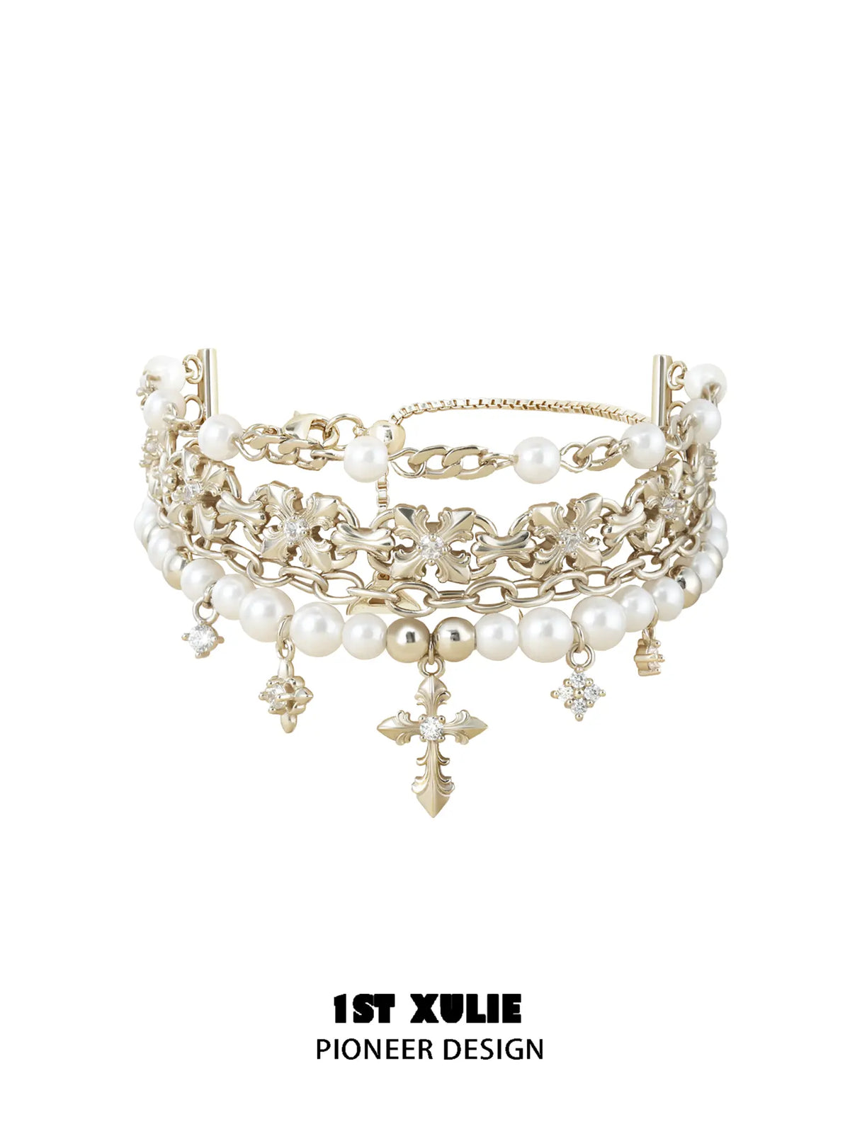 Layered gold-toned bracelet with white pearl beads and hanging fleur-de-lis charms