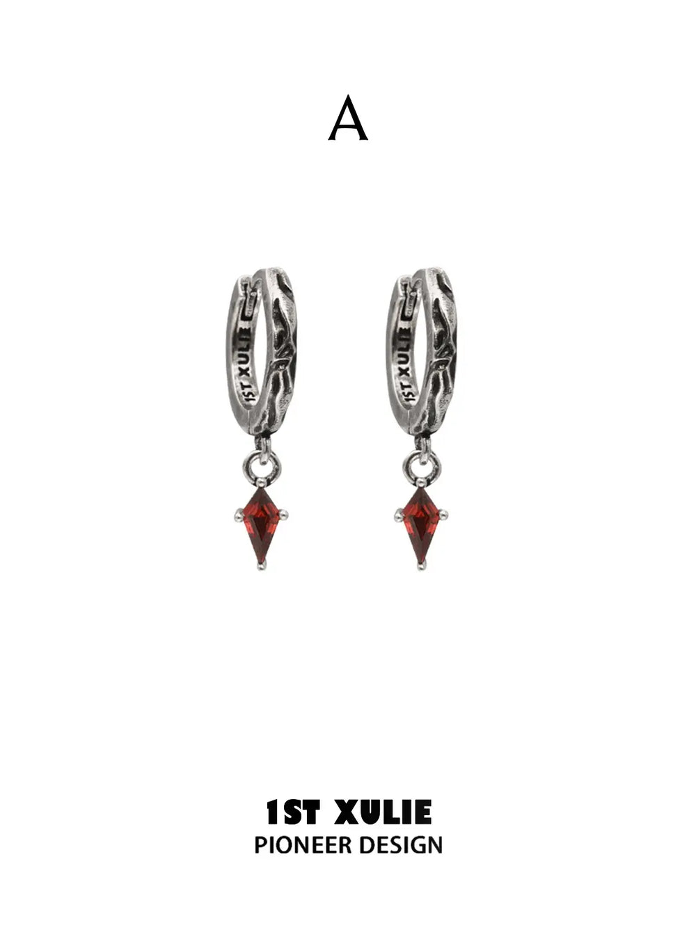 Pair of Style A hoops with small red pointed drops