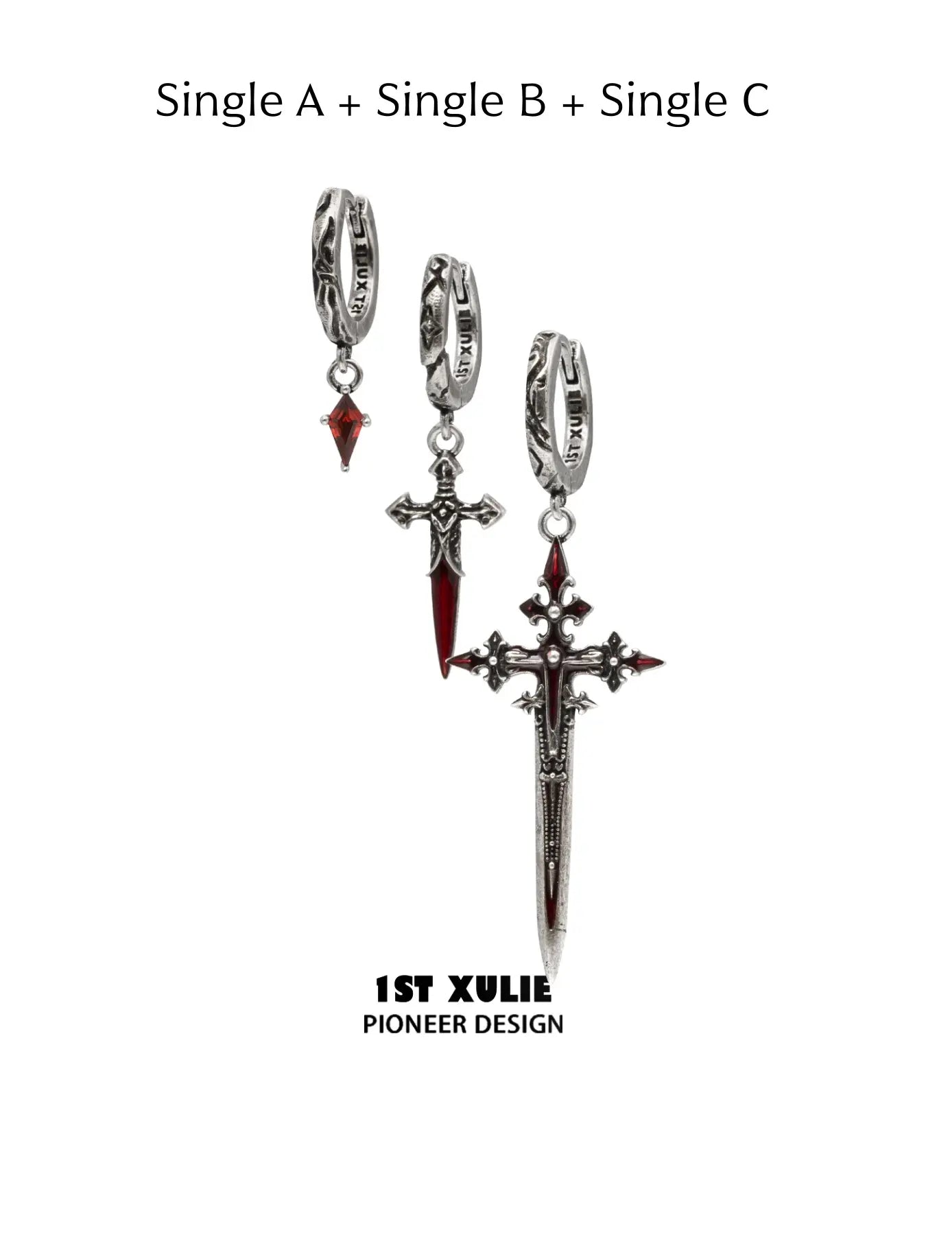 Three-piece earring set with one of each dagger and drop design
