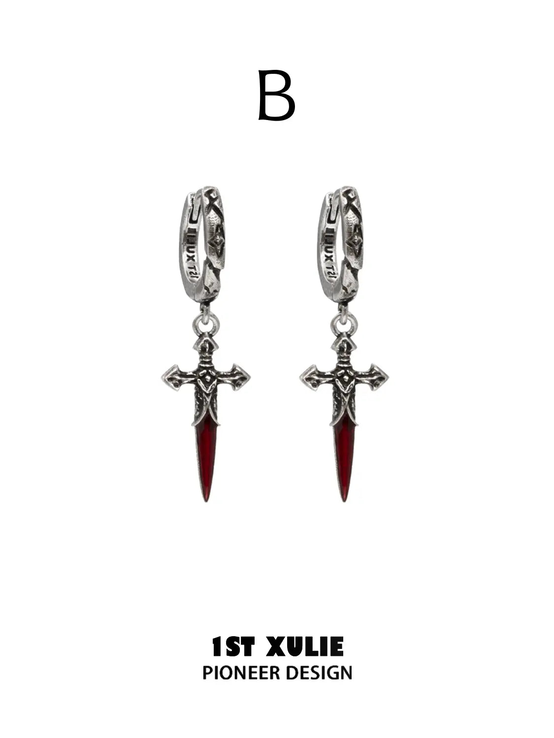 Pair of Style B hoops with red dagger pendants
