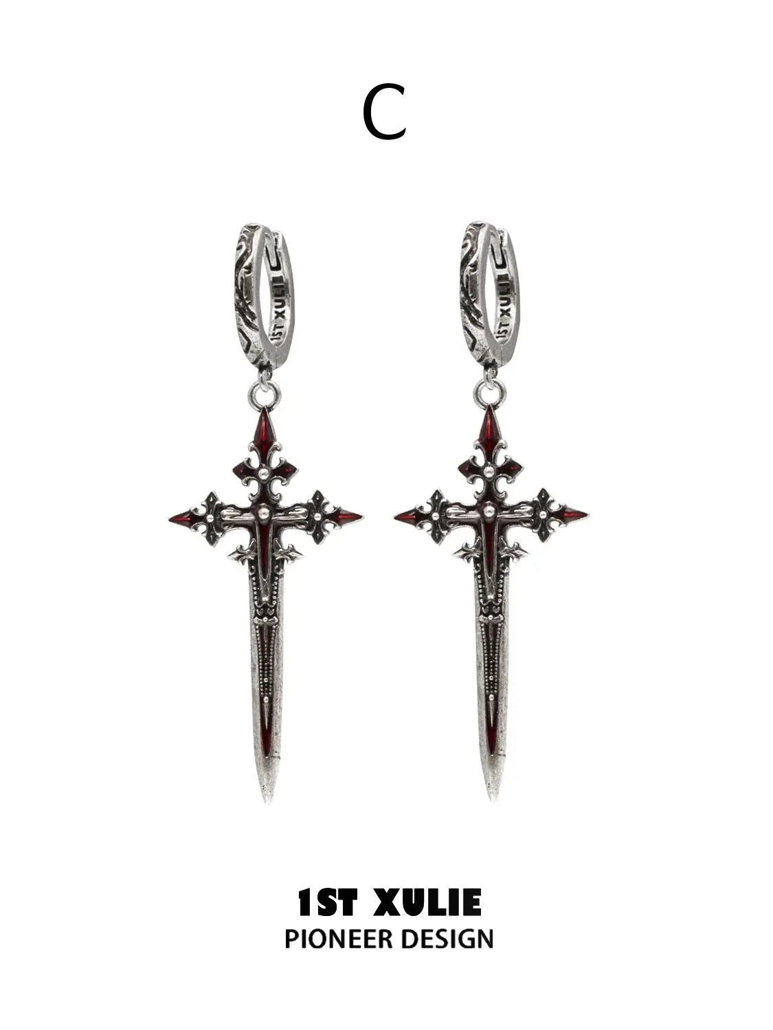 Pair of Style C hoops with long ornate sword pendants