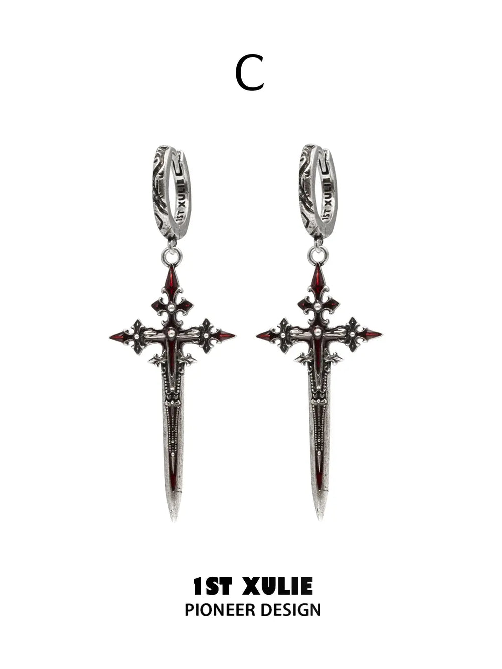 Pair of Style C hoops with long ornate sword pendants