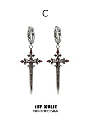 Pair of Style C hoops with long ornate sword pendants