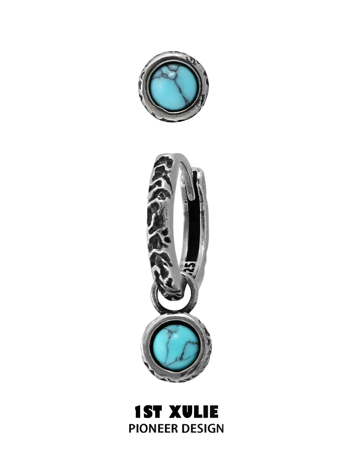 One turquoise stud and one drop hoop earring, showing the mixed two-piece option